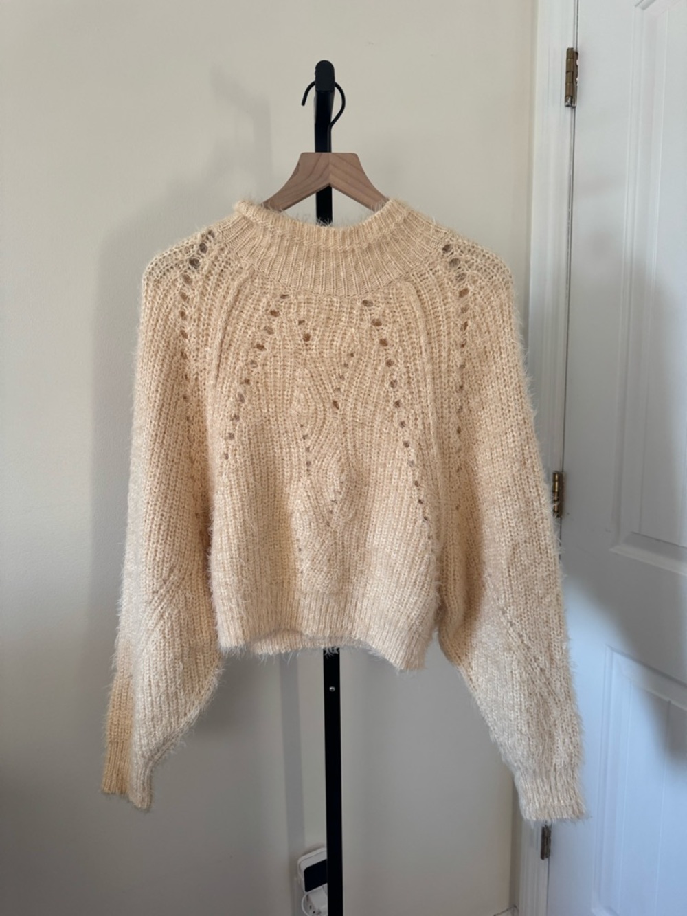 Lush Cream Open-Stitch Fuzzy Knit Pullover